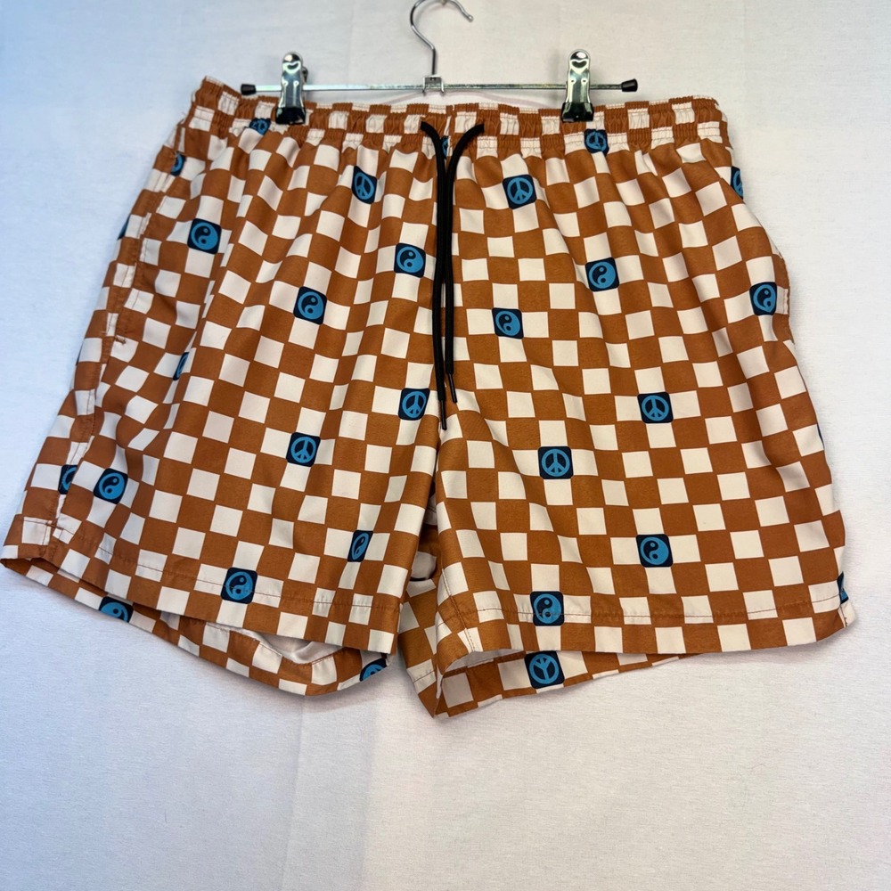 PacSun Mens Brown Checkerboard Peace Yin Yang Swim Trunks Board Shorts Large